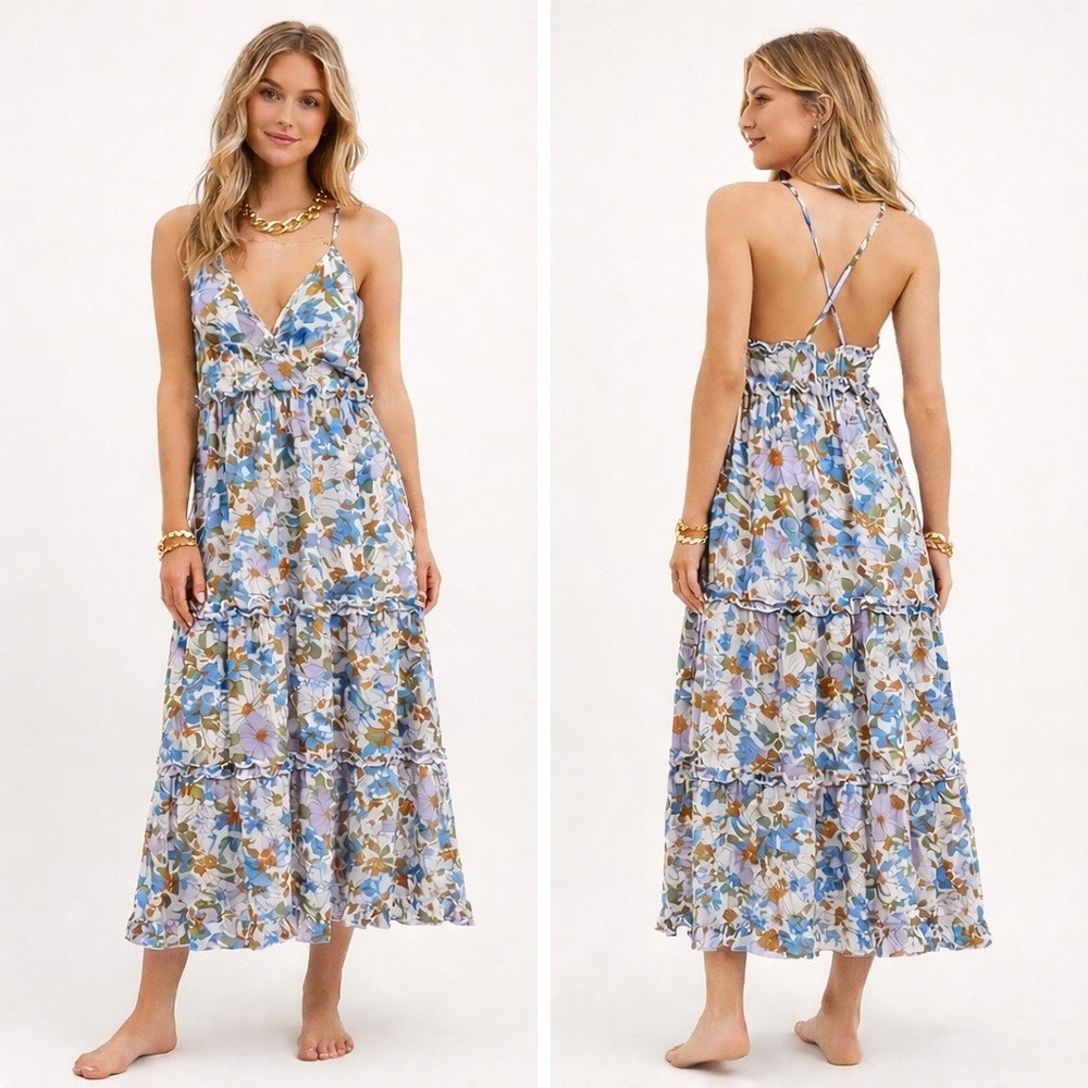 NWT Y2k Sz L‎ Tiered Midi Maxi Sun Dress Floral Boho Cottagecore Fairy Beach